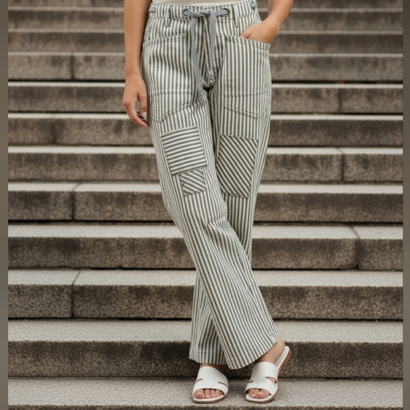 BiBi Pants - BiBi Barrel Leg Drawstring Retro Patchwork Stripe Cotton Twill Baggy Tapered